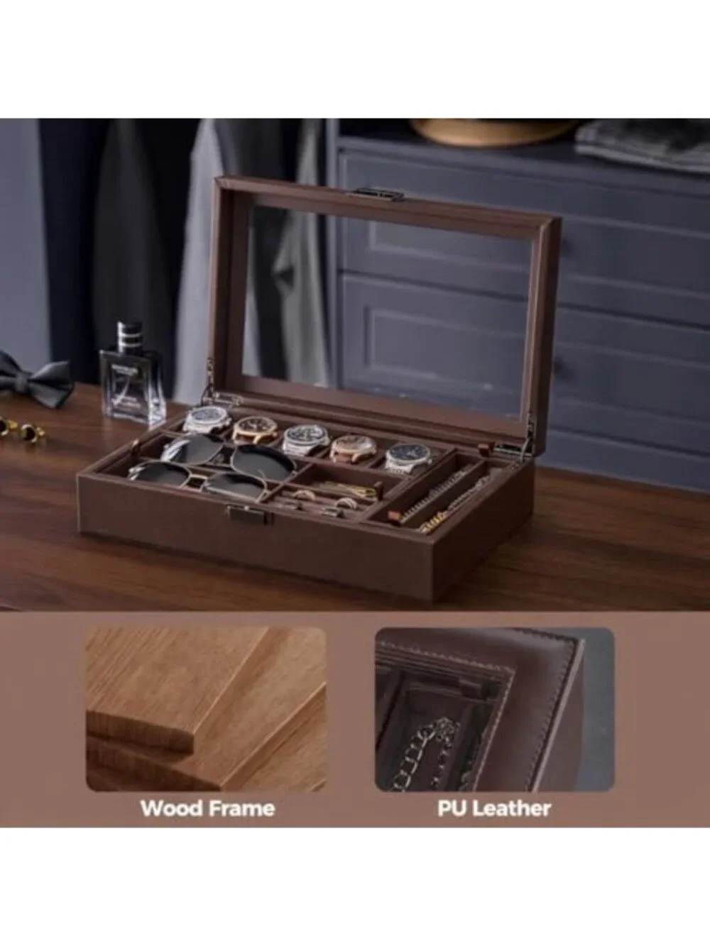 Men's Jewelry Box - 5-Slot Watch Display Case & Organizer for Rings, Sunglasses